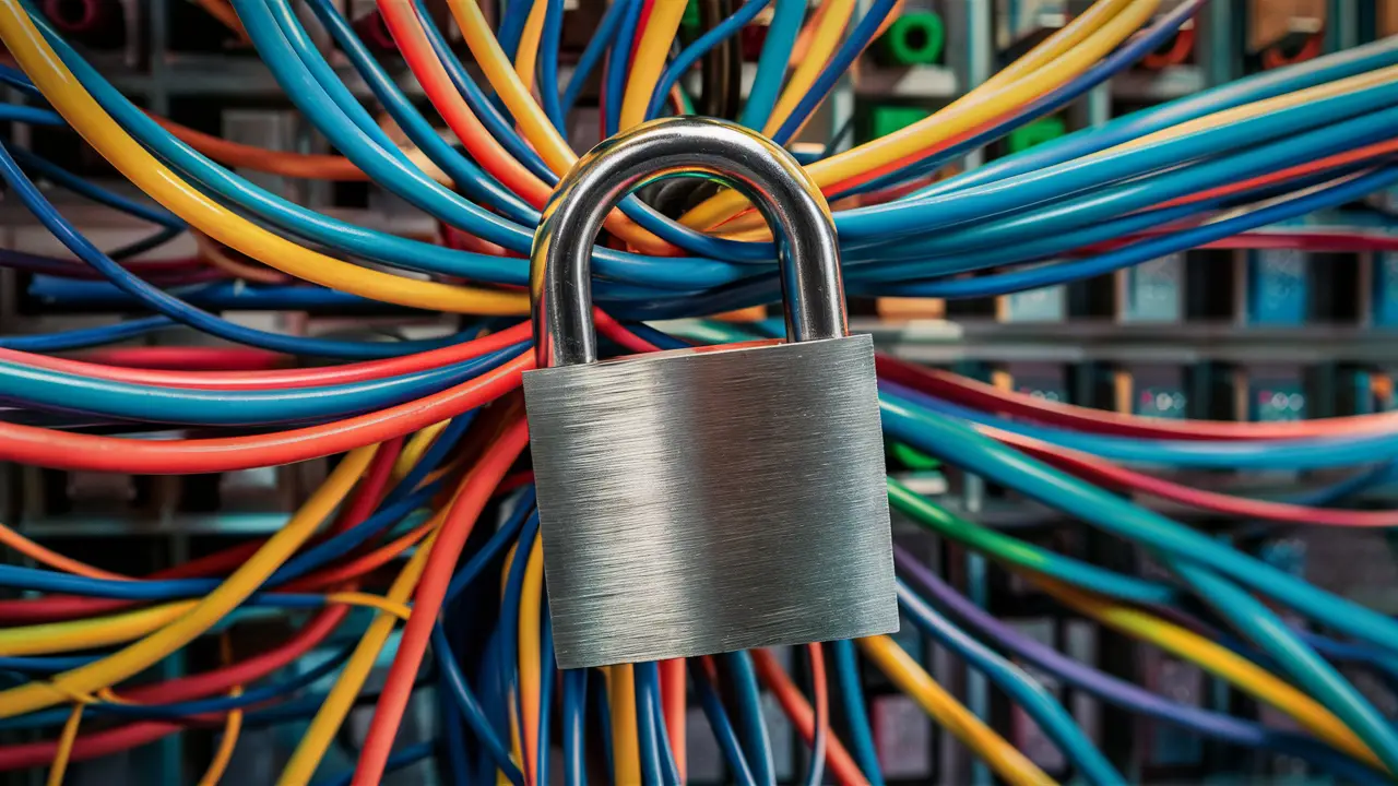 Cadeado metálico grande e brilhante preso a uma complexa rede de cabos de computador multicoloridos.