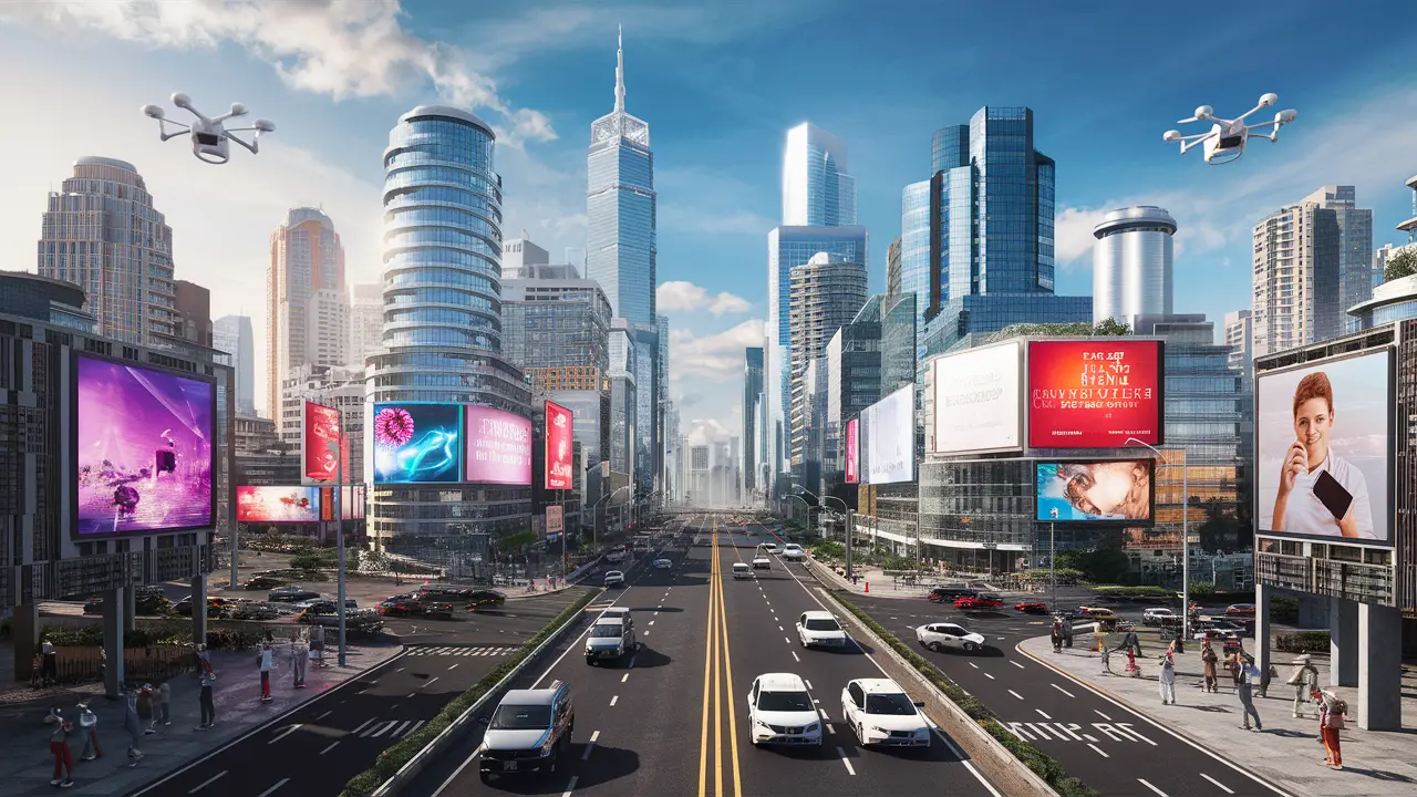 Cidade moderna com arranha-céus, drones e carros autônomos, pessoas com tecnologia portátil sob um céu azul.