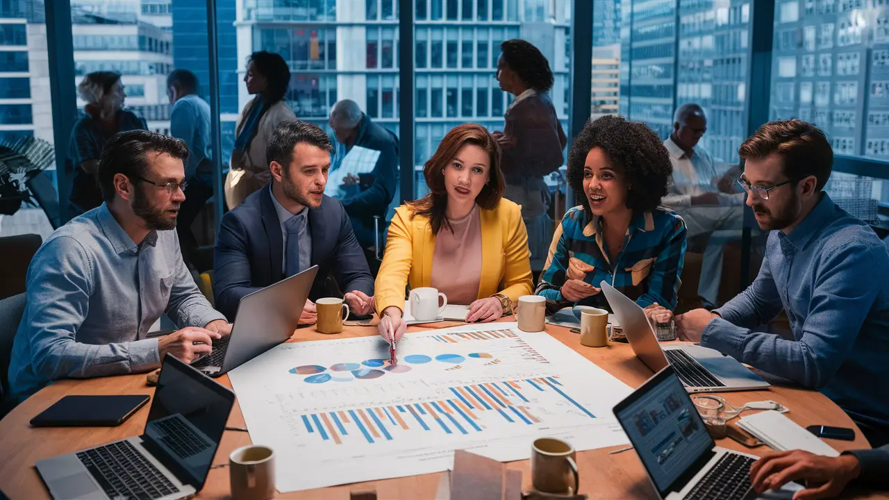 Seis pessoas em torno de uma mesa de escritório discutindo gráficos com laptops e xícaras de café ao redor.