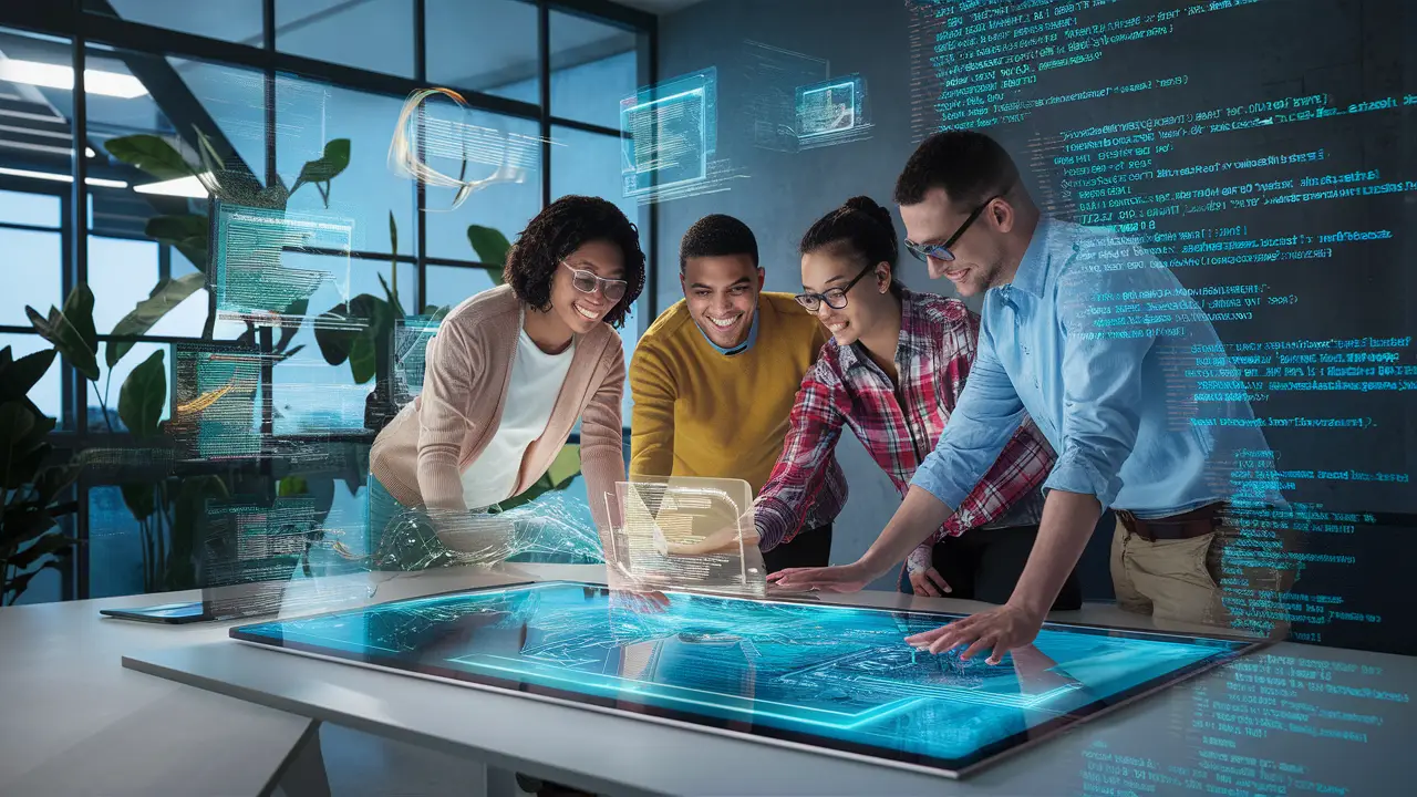 Pessoas colaborando em um espaço de trabalho futurista com hologramas e fragmentos de código flutuantes.