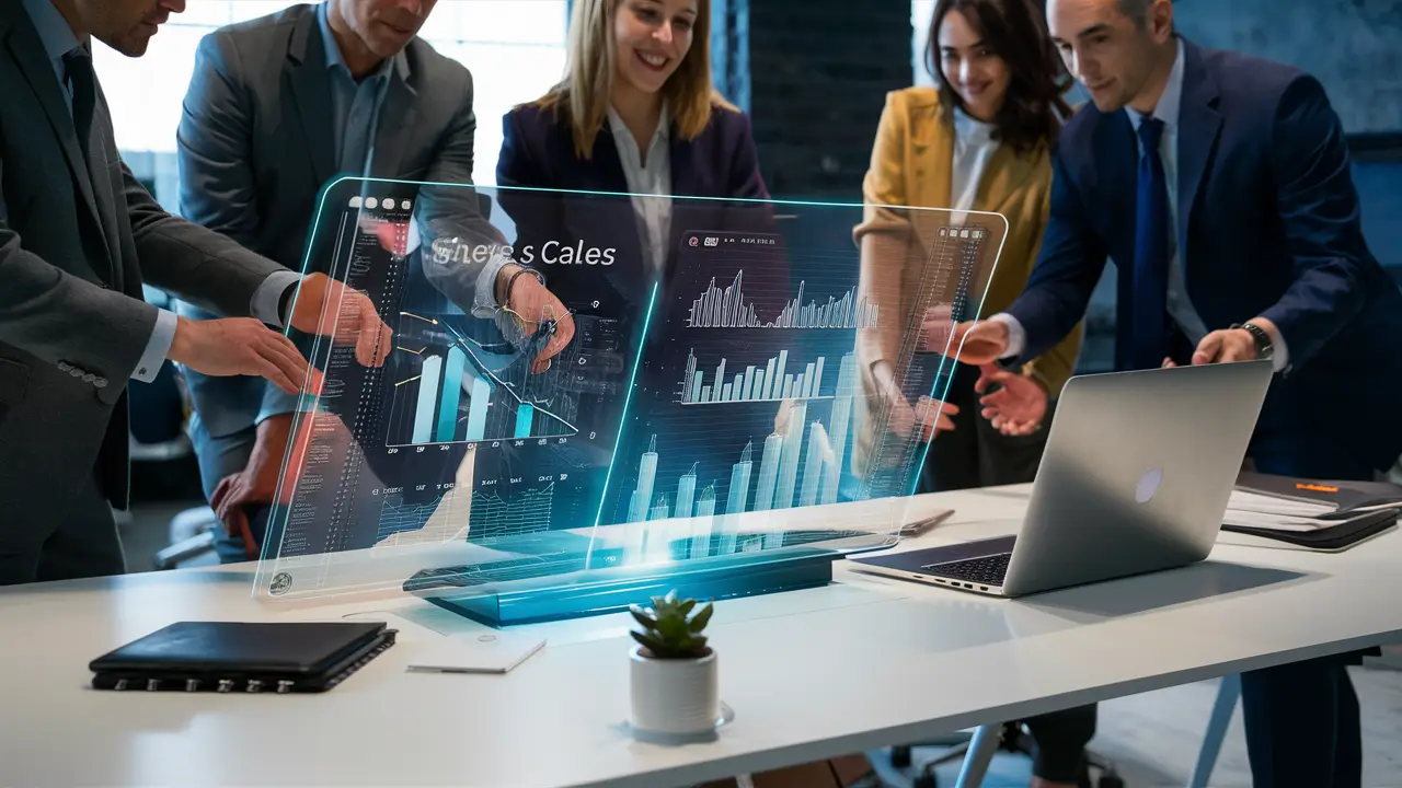 Pessoas de negócios ao redor de uma mesa moderna com holograma mostrando gráficos de vendas, laptop e planta.