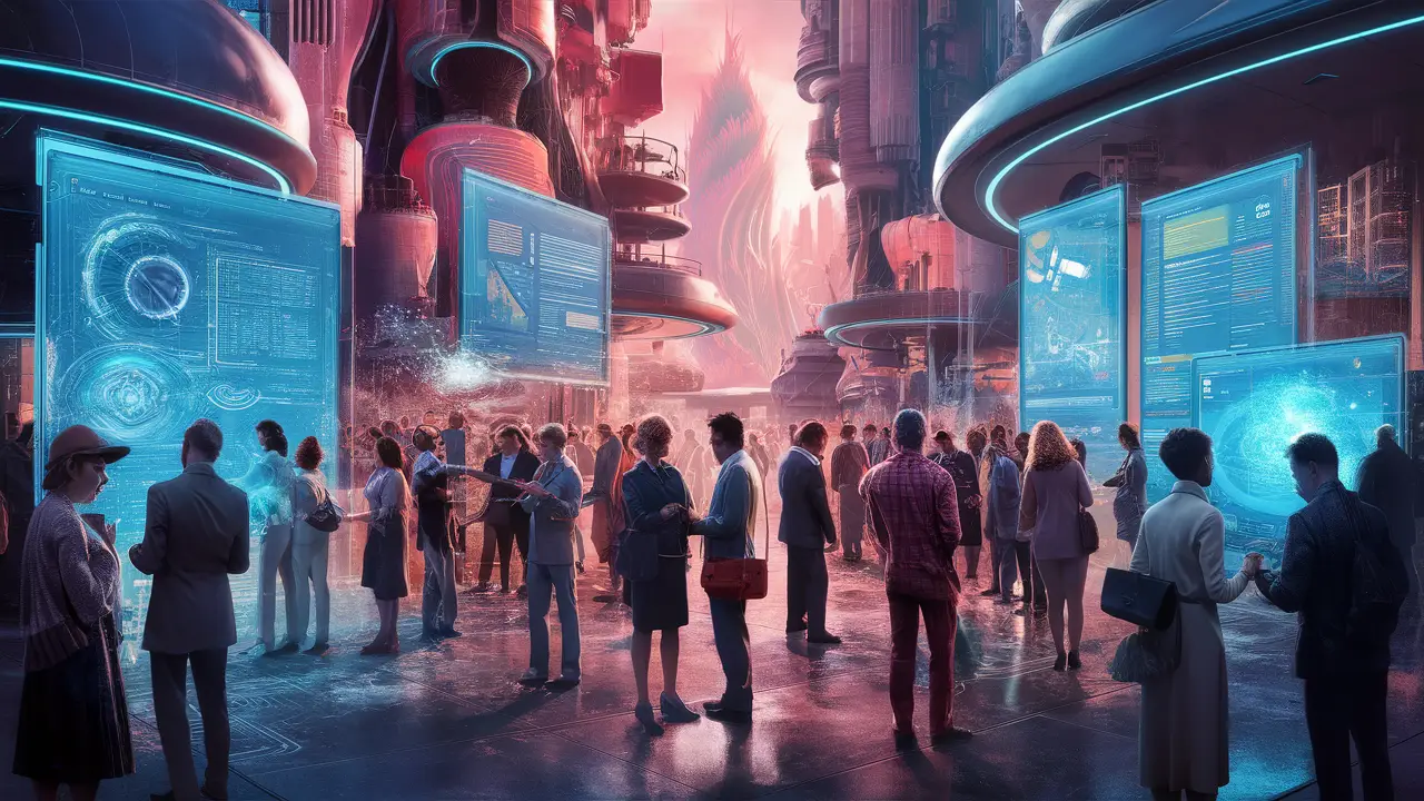 Pessoas interagindo com telas holográficas em uma cidade futurista cheia de prédios modernos e cores neon.