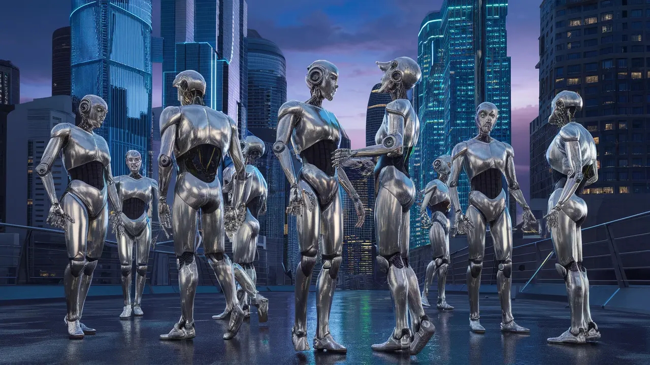 Robôs humanoides prateados interagindo em uma cidade futurista iluminada por luzes neon azuis e verdes.