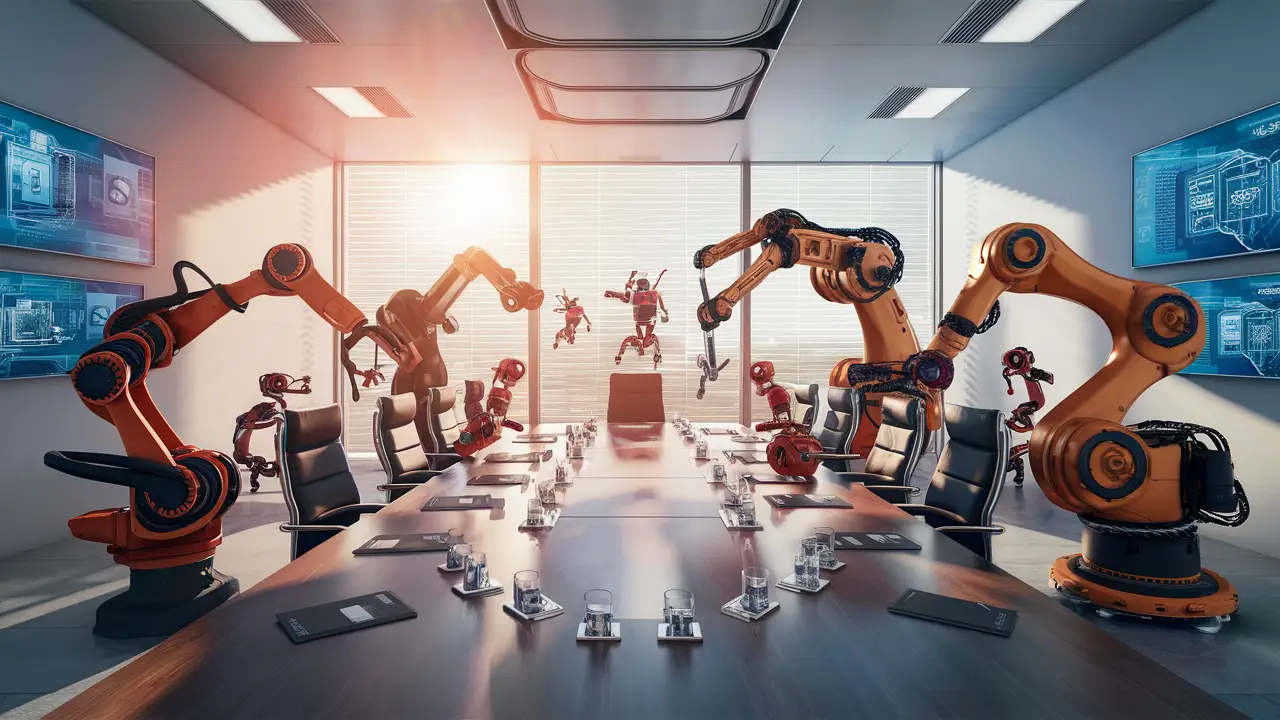 Robôs de diversos tamanhos realizam tarefas em mesa de conferência em escritório moderno com telas digitais ao fundo.