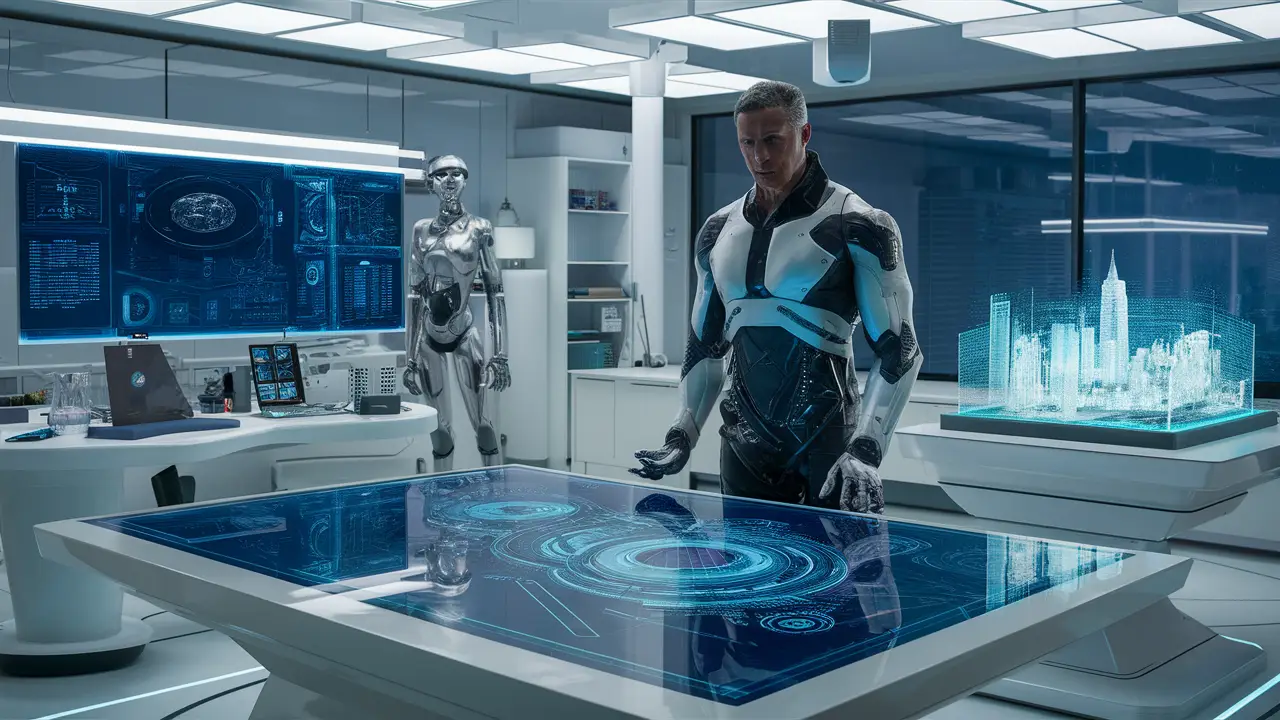 Laboratório futurista com mesa de toque, robô humanoide e holograma de cidade, iluminado por luzes LED azuis.