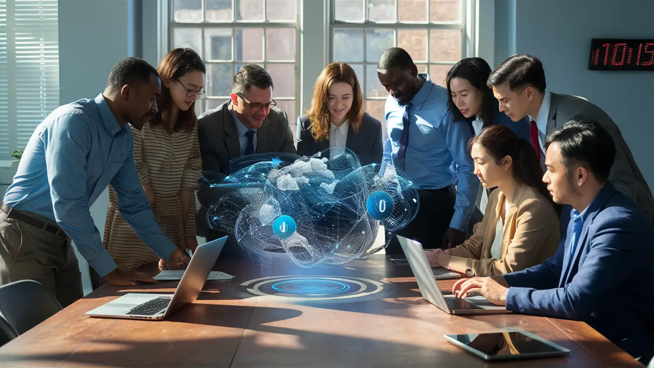 Profissionais em um escritório analisam holograma de redes de IA.