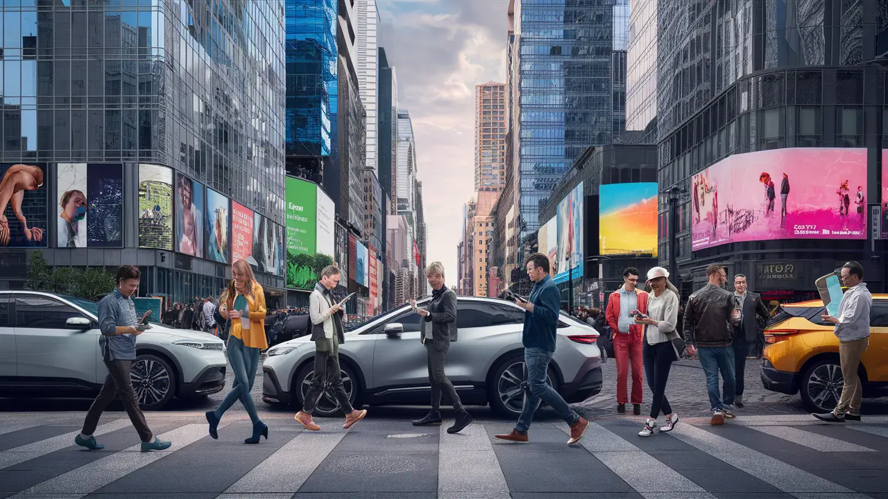 Pessoas usando dispositivos inteligentes em rua movimentada com carros futuristas e prédios de vidro ao fundo.