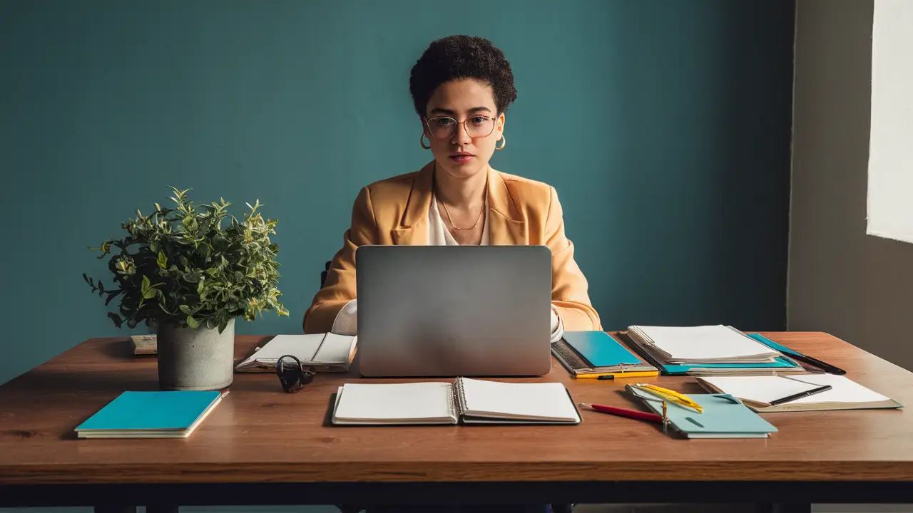Mesa de escritório organizada com laptop, cadernos, canetas e planta em vaso pequeno, em tons de azul e cinza.
