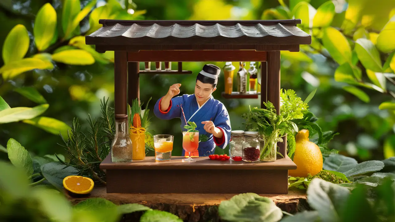 Bartender in traditional attire making tonic cocktails at a wooden bar in a Nagano forest with botanicals.