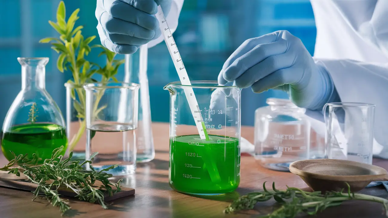 Scientist measuring bright green liquid in beaker with plants and glassware on wooden table.