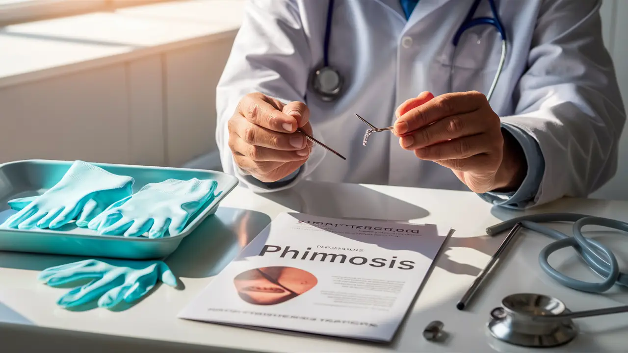 Profissional médico segurando instrumento cirúrgico com luvas e panfleto sobre tratamento de fimose.