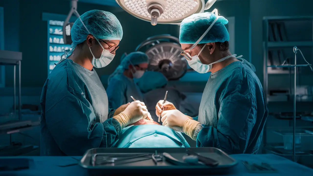 Sala de cirurgia com cirurgião e assistente realizando cirurgia de fimose em paciente masculino.