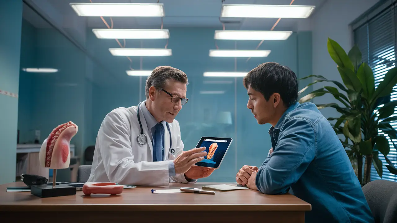 Médico mostra ilustração de cirurgia de fimose a paciente em consultório com modelo anatômico na mesa.