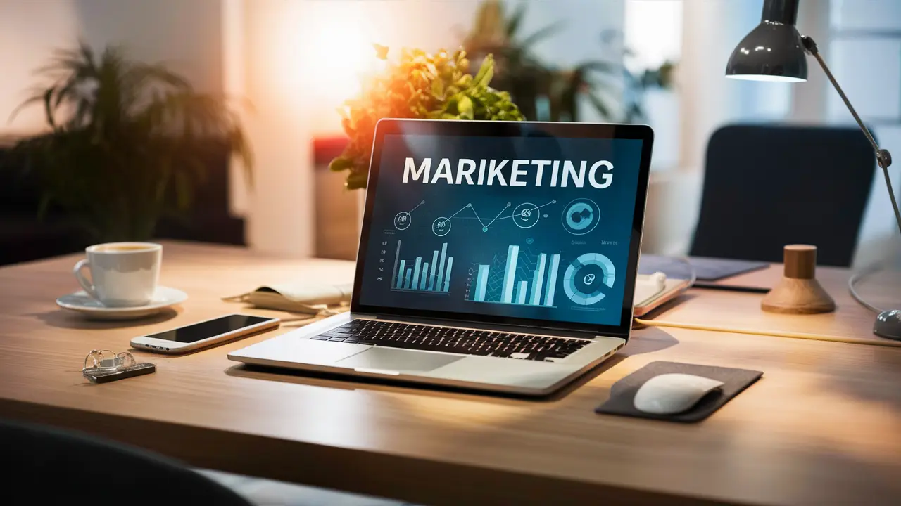Mesa de escritório com laptop mostrando análises de marketing digital, smartphone e xícara de café.