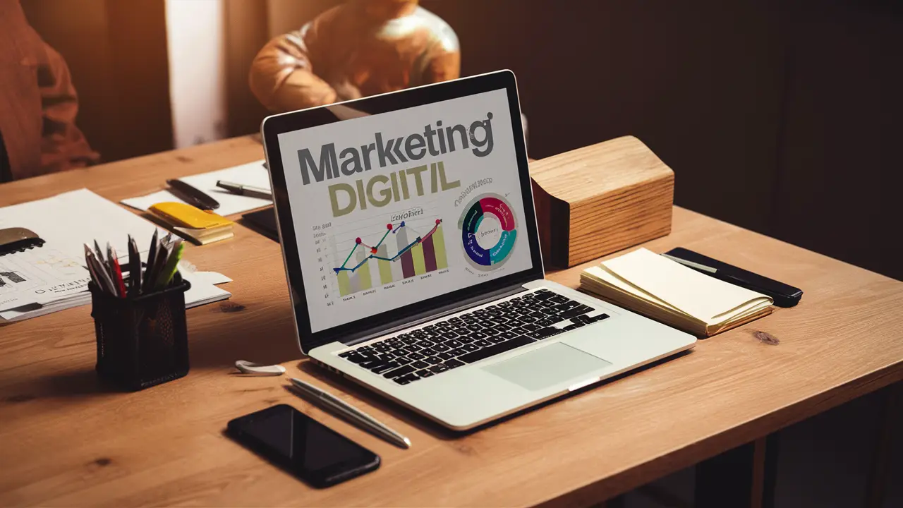 Notebook com gráficos de marketing digital na tela, cercado por bloco de notas, caneta e smartphone em mesa de madeira.