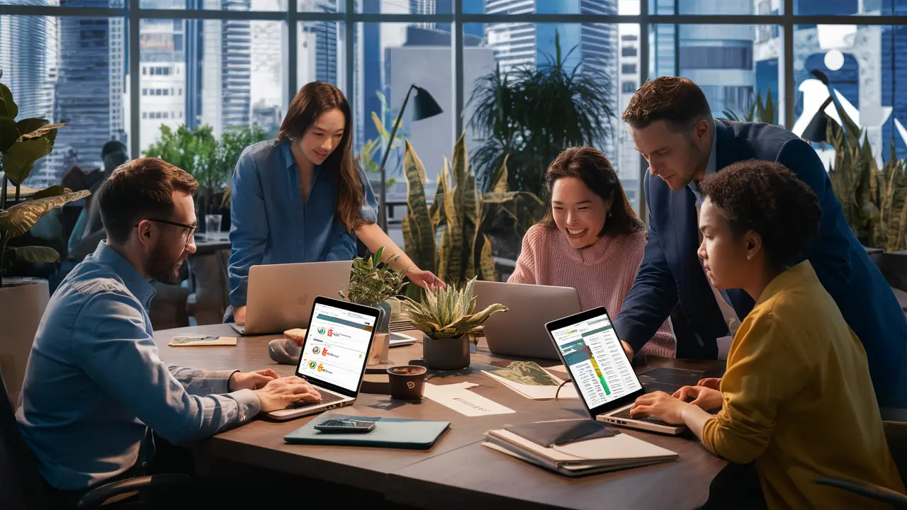 Equipe diversa colaborando em escritório com laptops mostrando um dashboard de CRM e janelas com vista para a cidade.