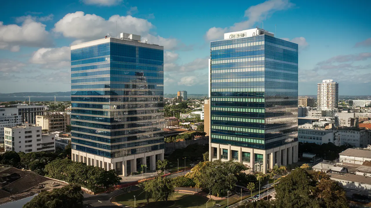 Vista aérea de edifícios de escritórios em Curitiba e São Paulo com céu azul e vegetação.