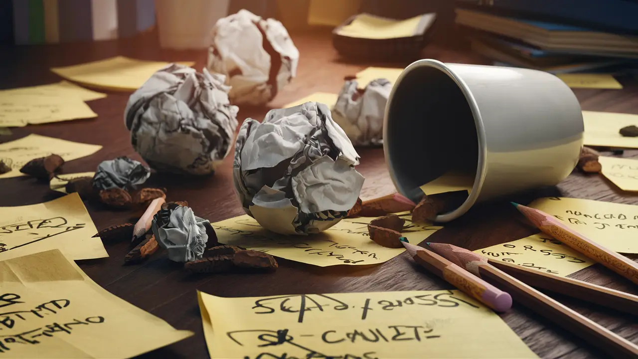 Mesa desorganizada com papéis amassados, lápis quebrados e xícara de café virada, com notas adesivas riscadas.