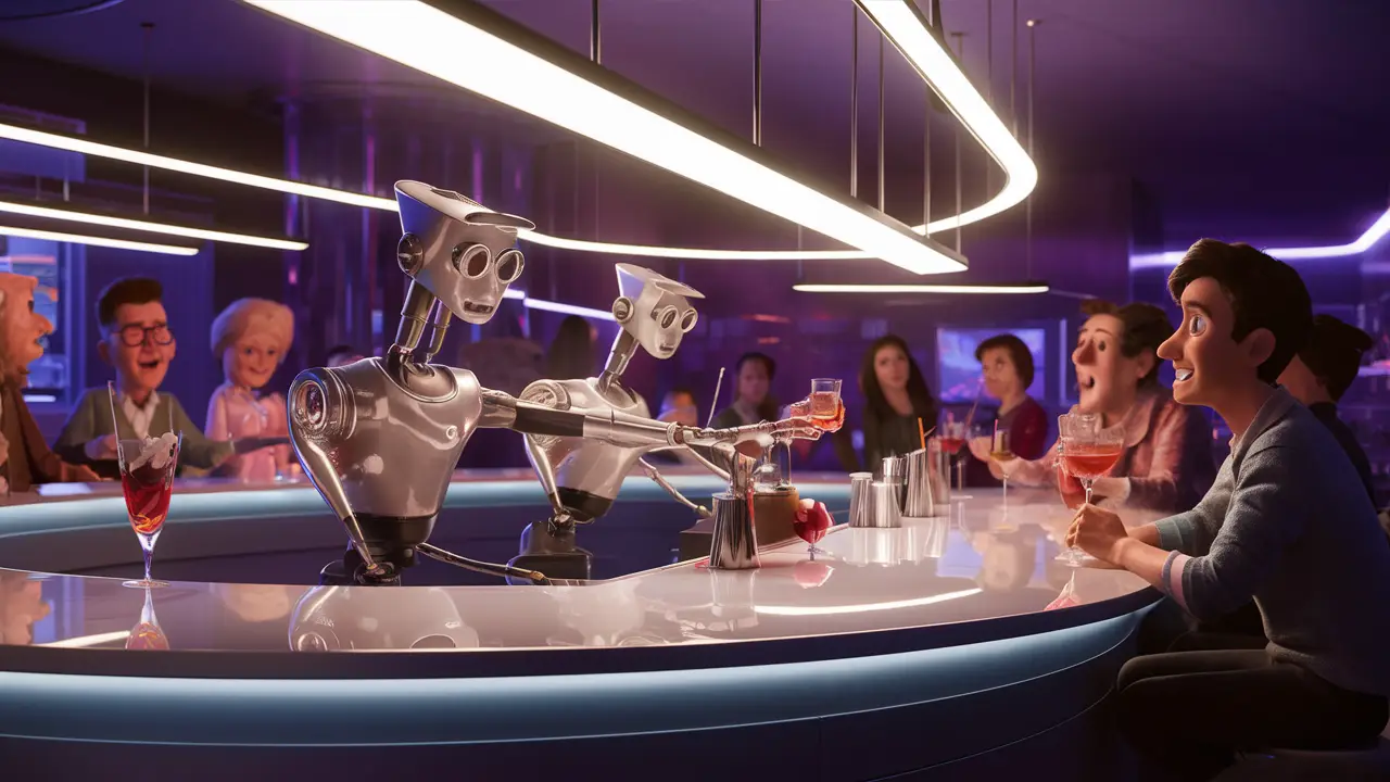 Interior de bar moderno com bartenders robóticos preparando bebidas e clientes observando.