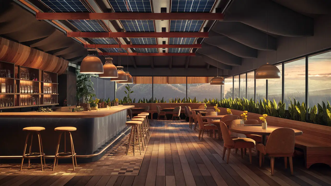 Interior de bar moderno com iluminação eficiente, painéis solares no telhado e móveis de madeira reciclada.