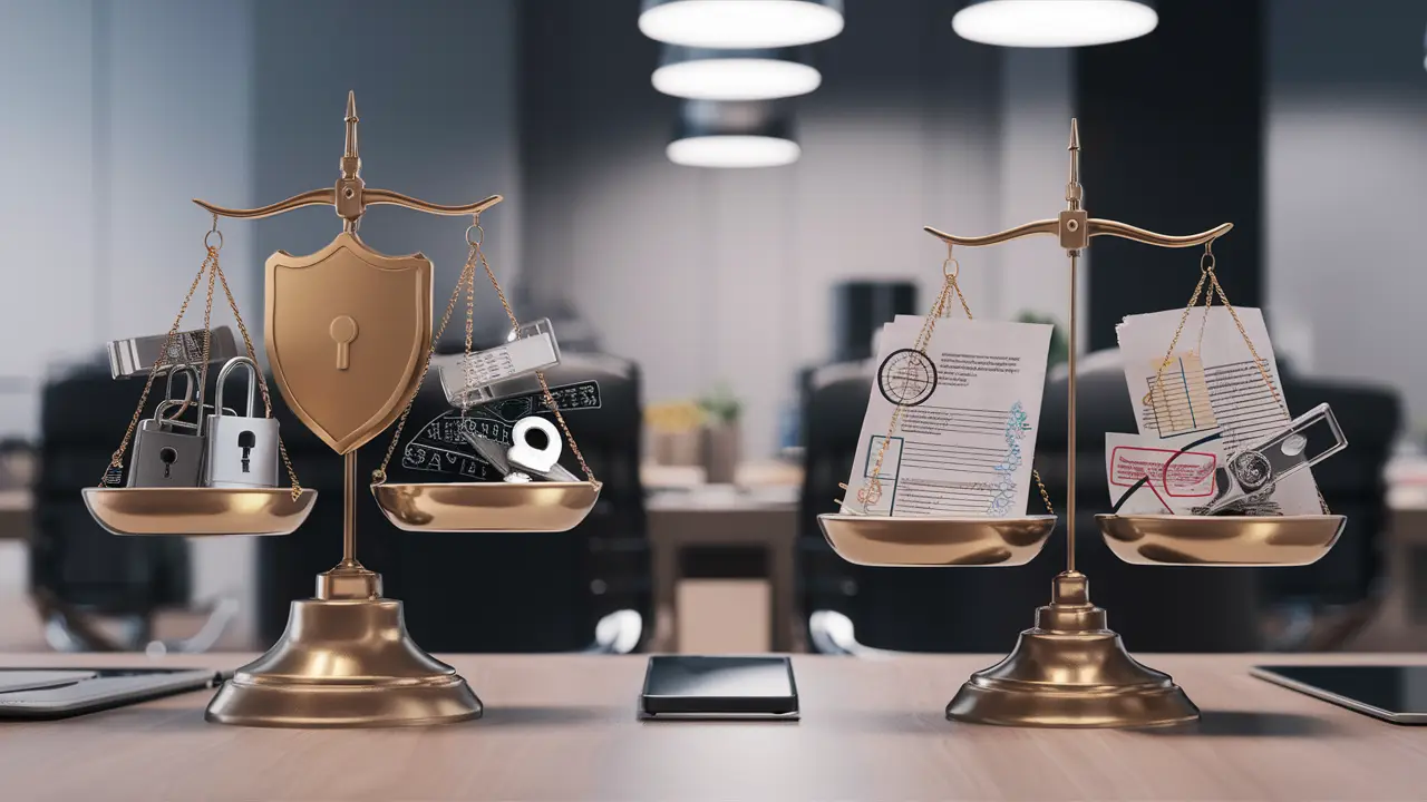 Duas balanças em uma mesa, uma com símbolos de segurança e outra com símbolos de conformidade, em um escritório moderno.