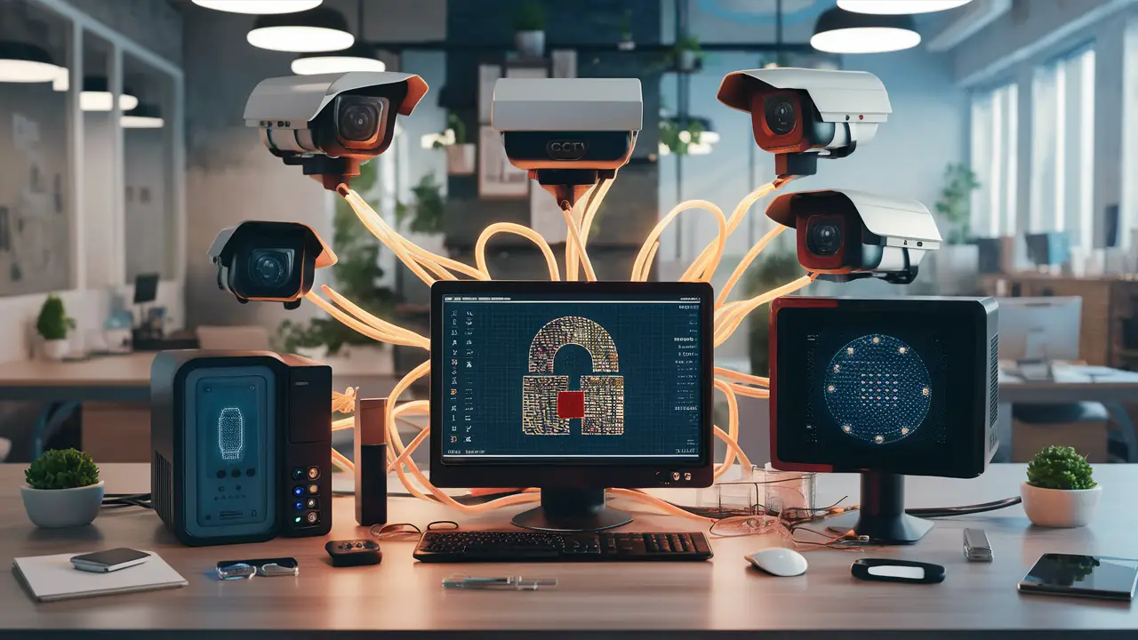 Dispositivos de segurança em um escritório pequeno, incluindo câmeras CCTV e scanners biométricos.
