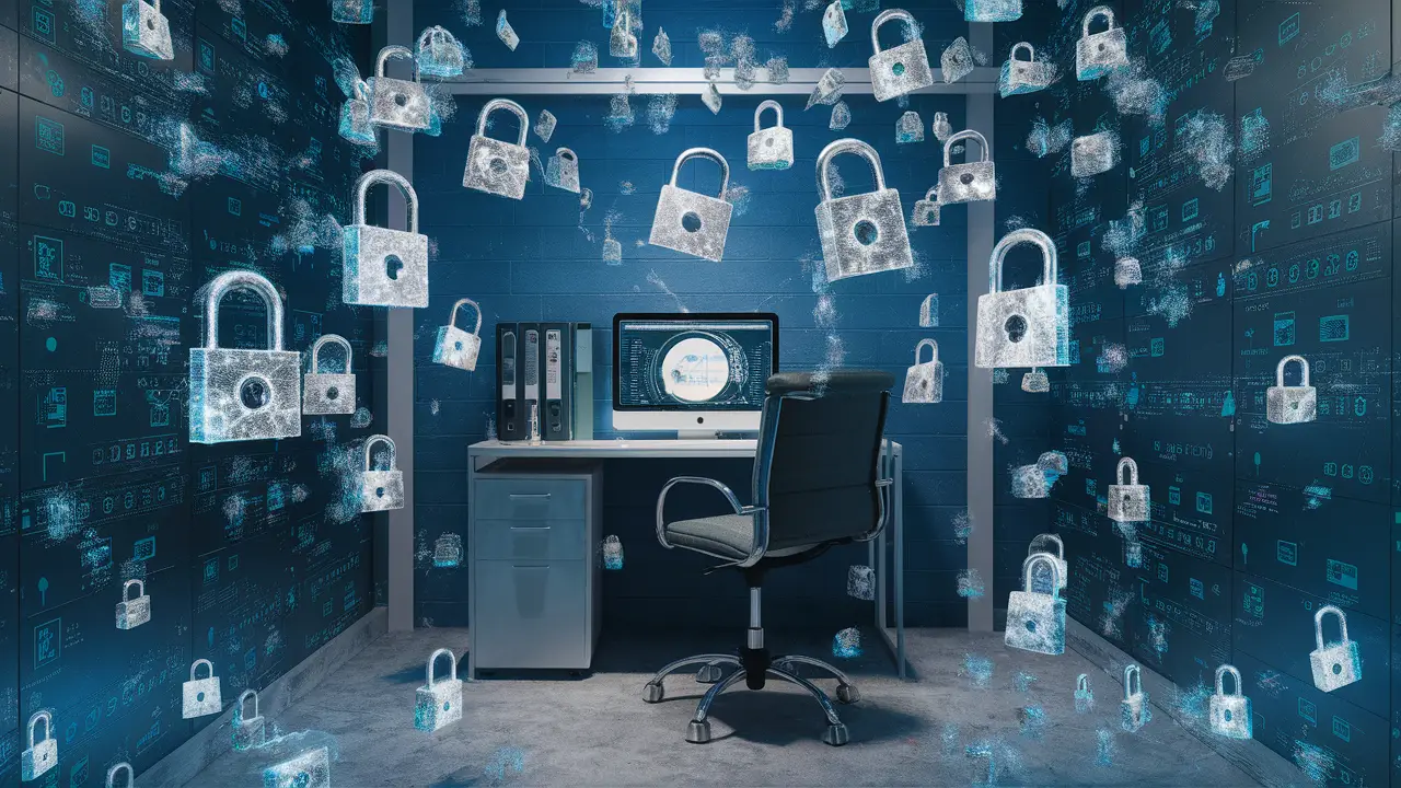 Pequena sala de escritório com computador e cadeado digital flutuante, simbolizando medidas de segurança digital.