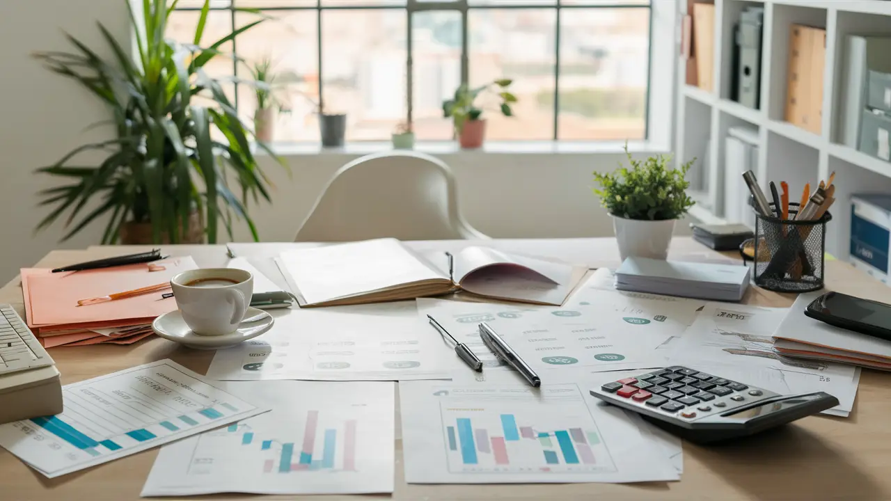 Mesa desorganizada com documentos financeiros, calculadora, café e planta em uma sala iluminada e organizada.