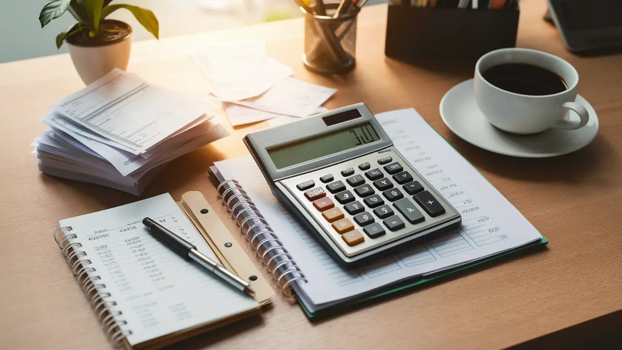 Calculadora, pilha de recibos, café e bloco de notas em uma mesa de madeira organizada.