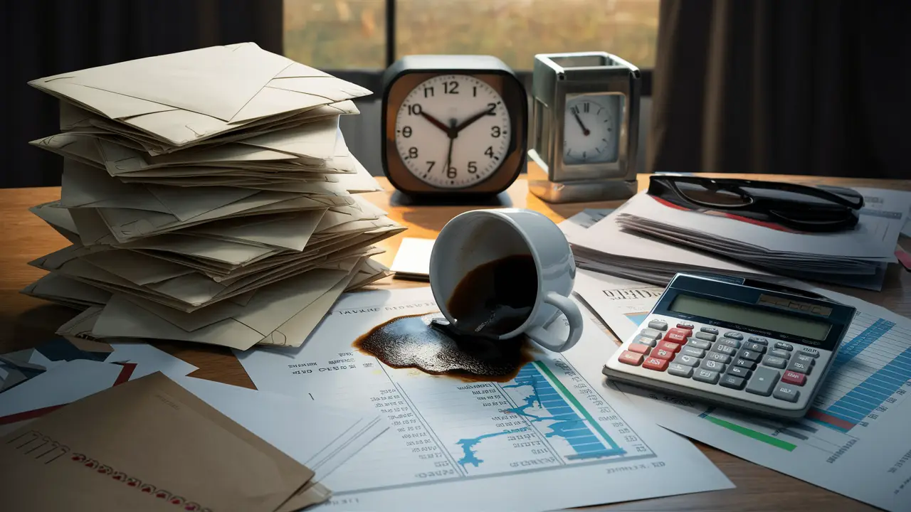 Uma mesa cheia de envelopes fechados, calculadora, café derramado sobre relatório financeiro e relógio marcando 11:59.