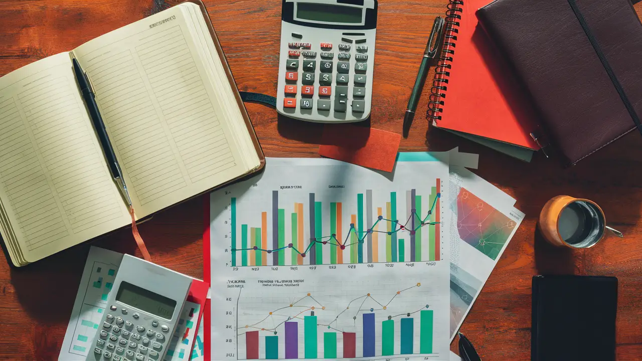 Vista de mesa de negócios com caderno aberto, calculadora, gráficos financeiros coloridos e caneta em mesa de madeira.