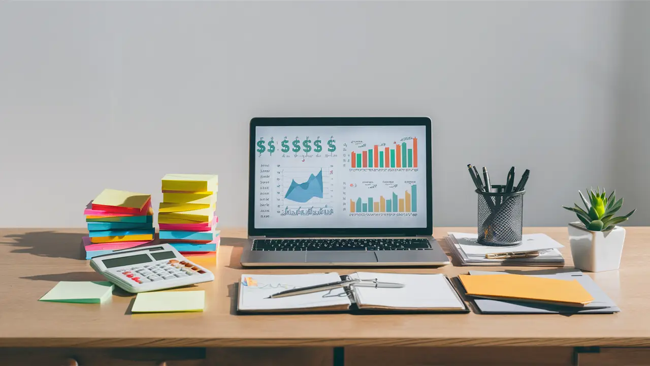 Escritório em casa com laptop mostrando gráficos financeiros, calculadora, notas coloridas, caneca com canetas e planta.