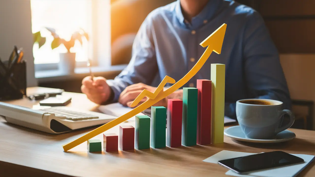 Mesa de escritório com gráfico de barras crescente, calculadora e xícara de café.