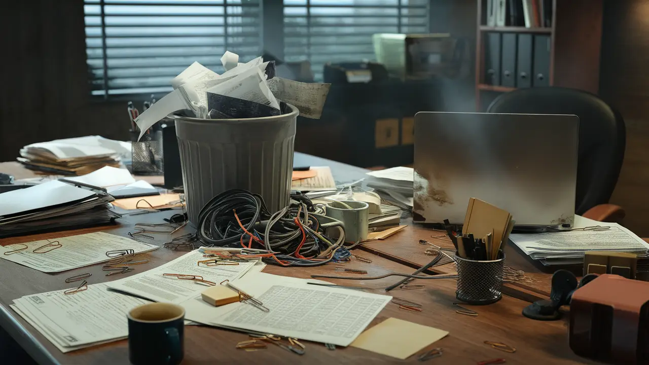 Uma mesa de escritório desorganizada com papéis espalhados, lixeira cheia e cabos emaranhados.