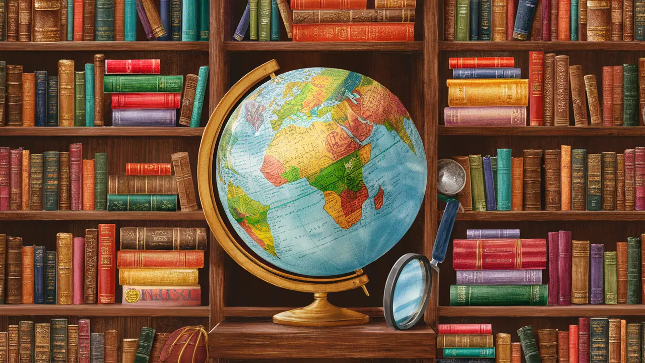Estante de madeira com livros coloridos, um globo ao centro e uma lupa encostada nos livros.