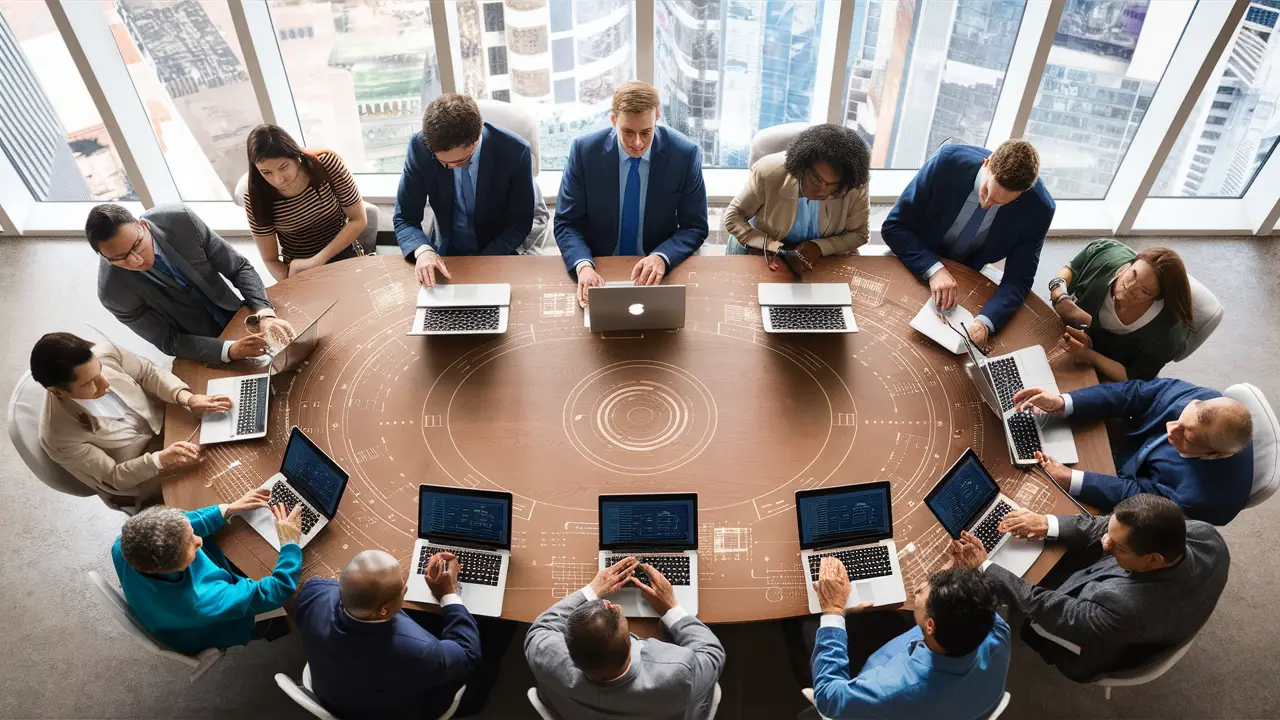 Pessoas diversas em torno de uma mesa de conferência com laptops e fluxos de dados digitais visíveis.