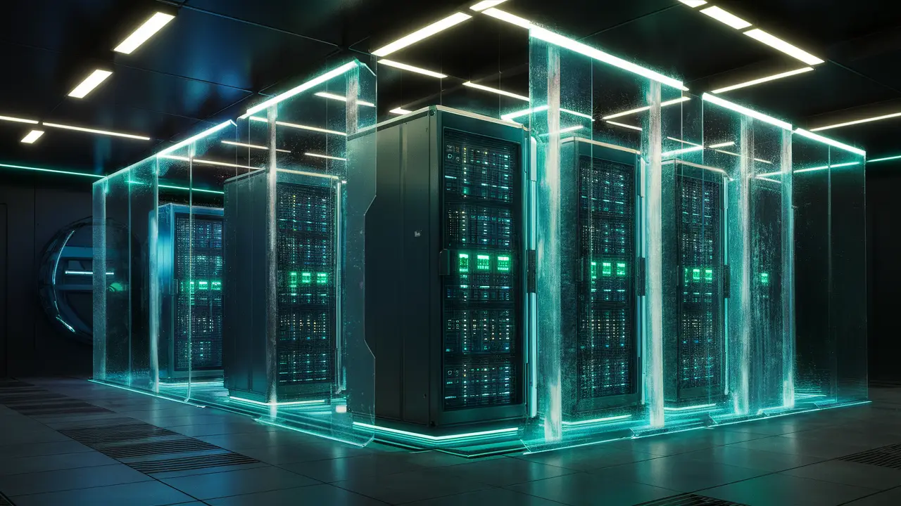 Uma sala de servidores futurista com luzes neon azuis e verdes e servidores de dados protegidos por um escudo de energia.