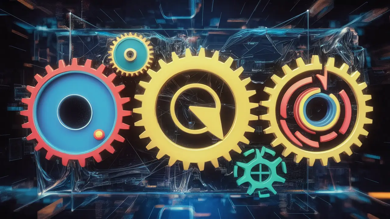 Três engrenagens coloridas representando diferentes motores de busca em um fundo de rede digital.