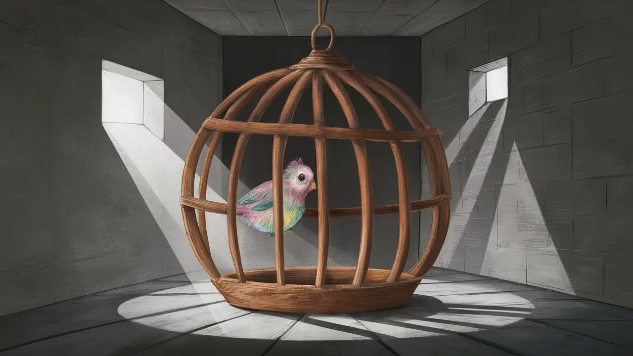 Pássaro colorido em uma gaiola de madeira em uma sala escura com raio de luz entrando pela janela.