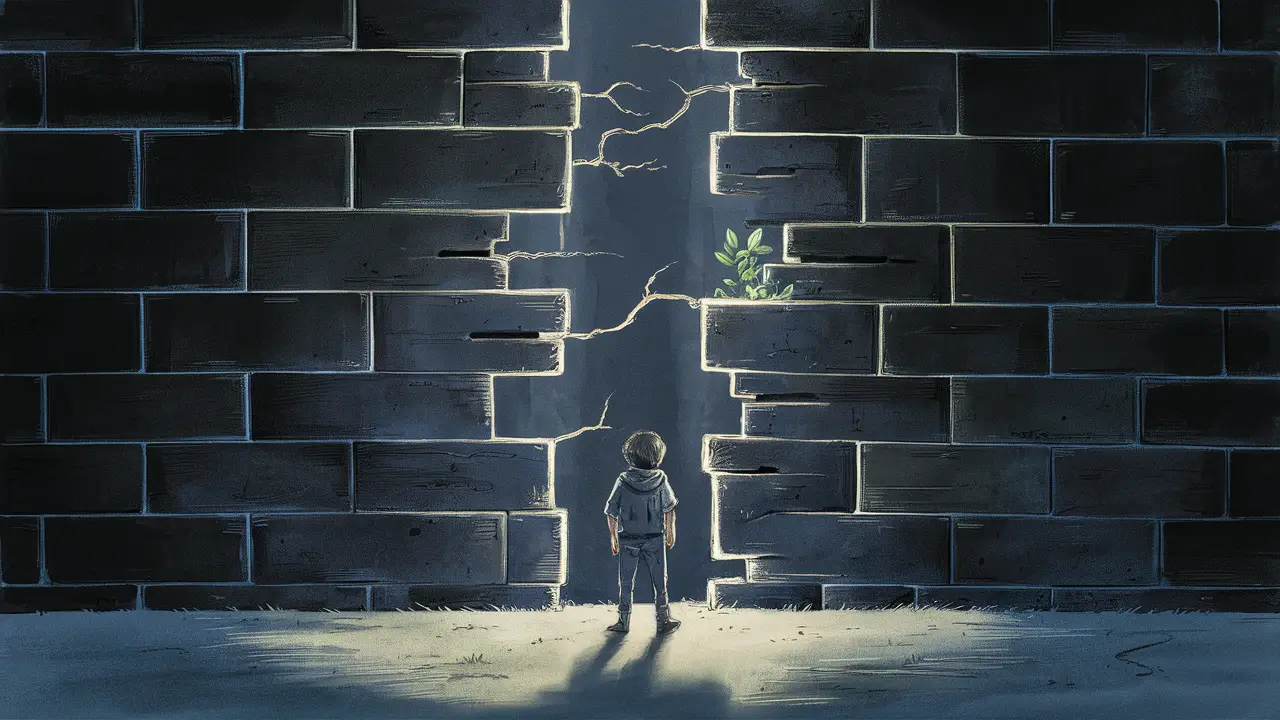 Pessoa em frente a uma grande parede de tijolos com rachaduras mostrando luz e planta verde crescendo.