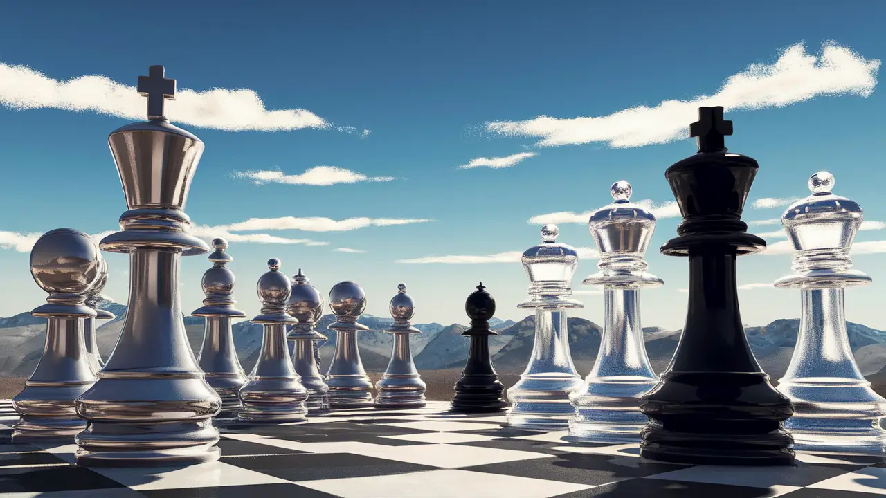 Tabuleiro de xadrez com peças grandes de metal e vidro sob céu azul e montanhas ao fundo.