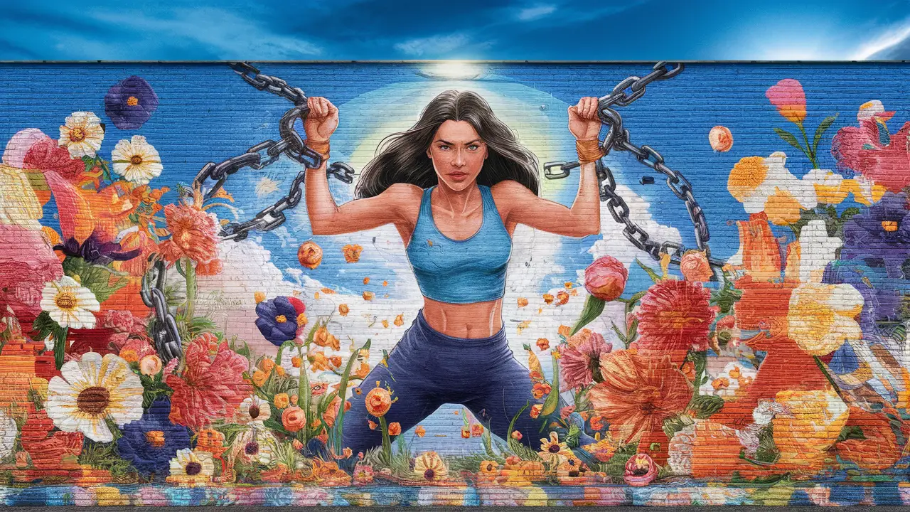 Mural de uma mulher quebrando correntes, cercada por flores coloridas e céu azul ao fundo.