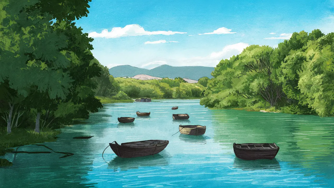 Barcos pequenos flutuando em um rio cercado por árvores verdes e montanhas ao fundo sob céu azul claro.