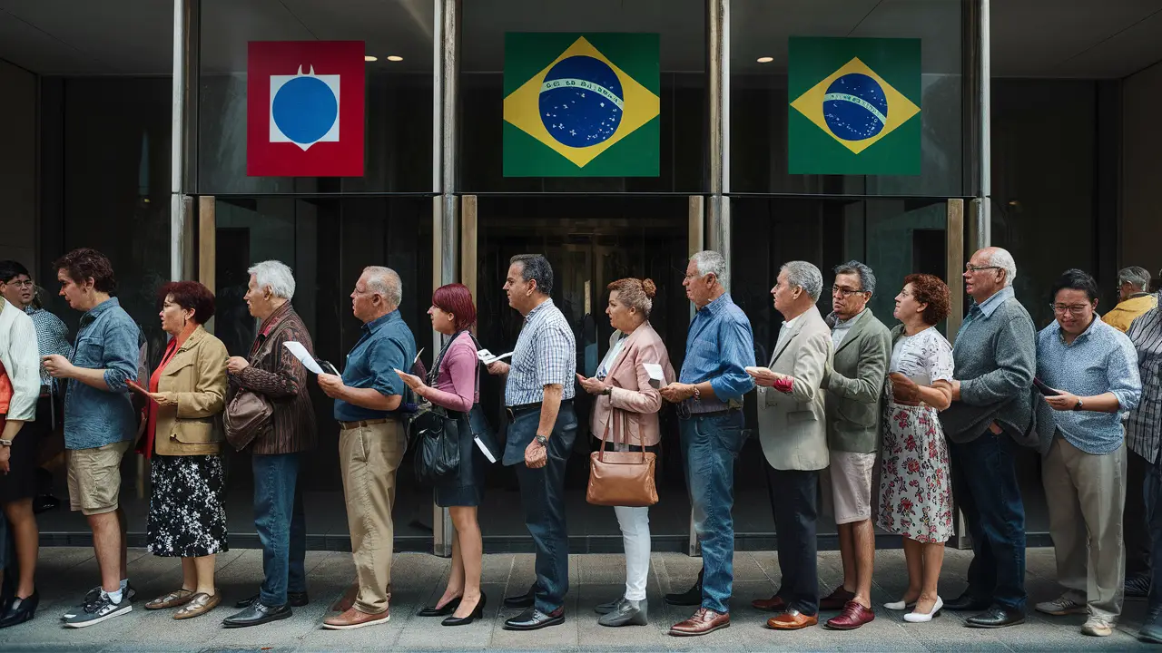 Fila de pessoas de diferentes idades e gêneros segurando documentos em frente a um prédio governamental com símbolos do Brasil.