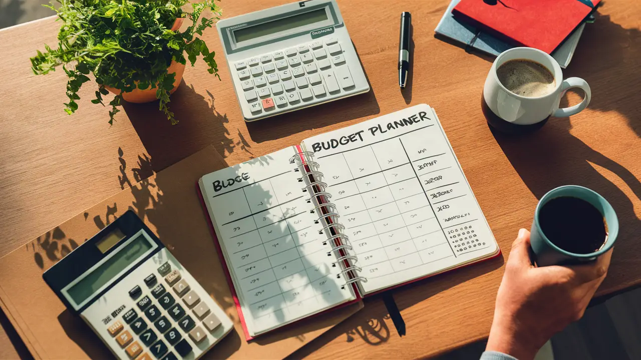 Escrivaninha com caderno de planejamento financeiro, calculadora, café e planta em vaso.