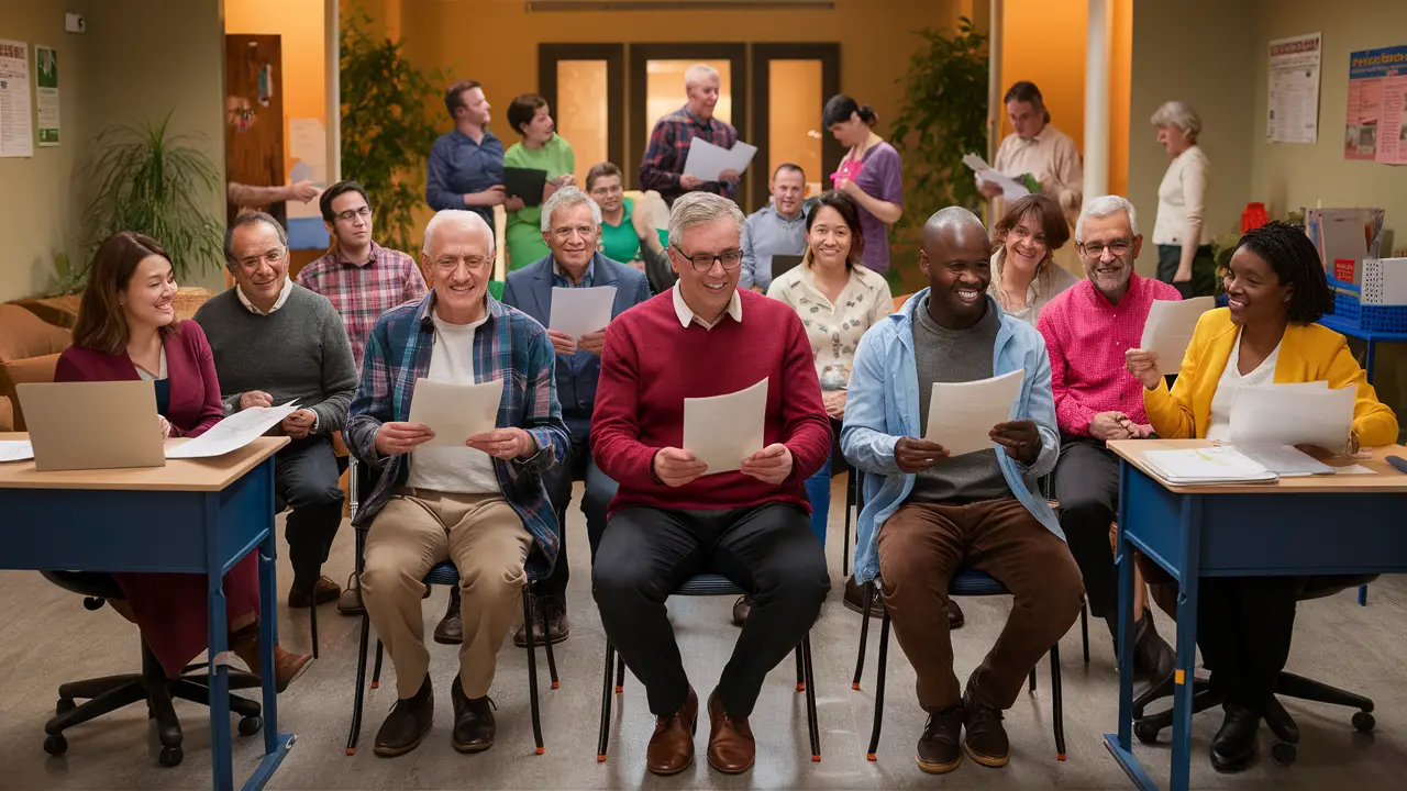 Pessoas de várias idades e gêneros em centro comunitário com assistentes sociais, ambiente acolhedor e plantas.