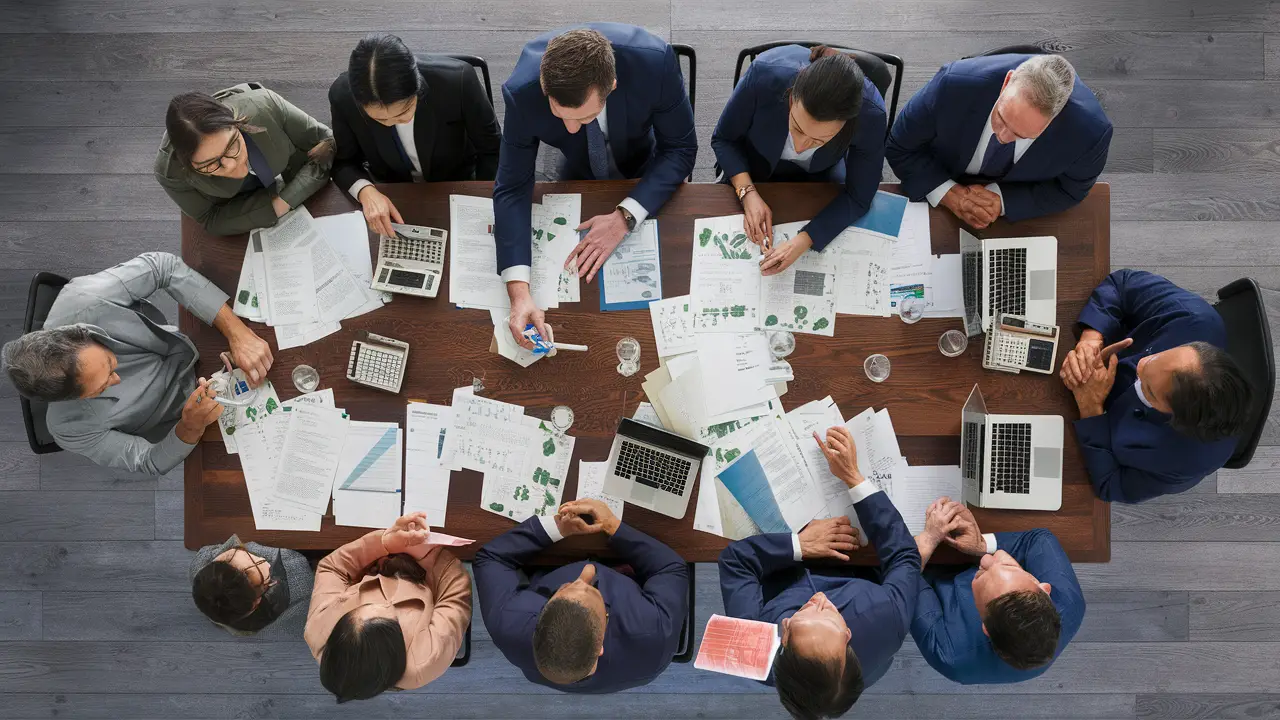 Pessoas discutindo documentos financeiros em uma mesa de madeira em um escritório moderno.