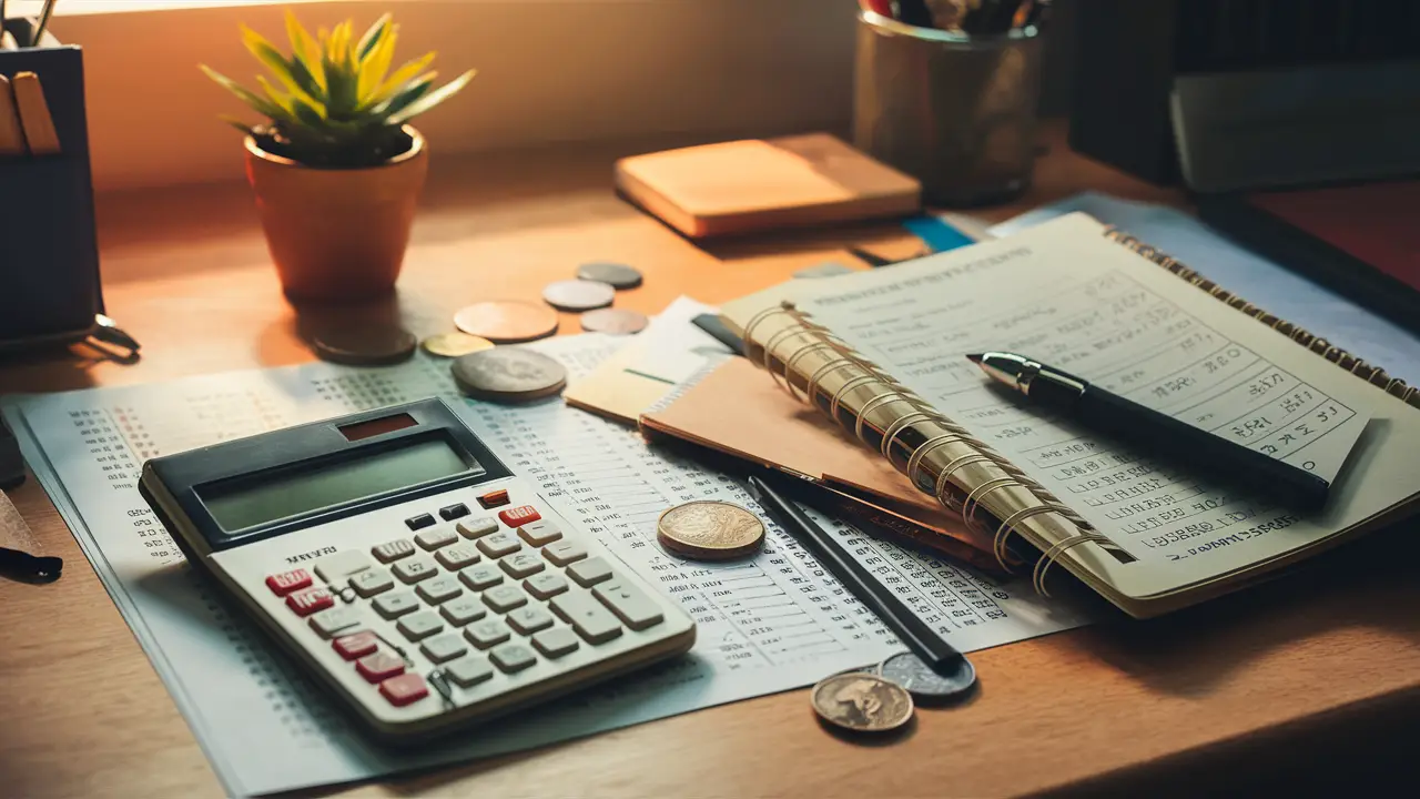 Escrivaninha com calculadora, caderno aberto com cálculos financeiros, moedas e planta em vaso pequeno.