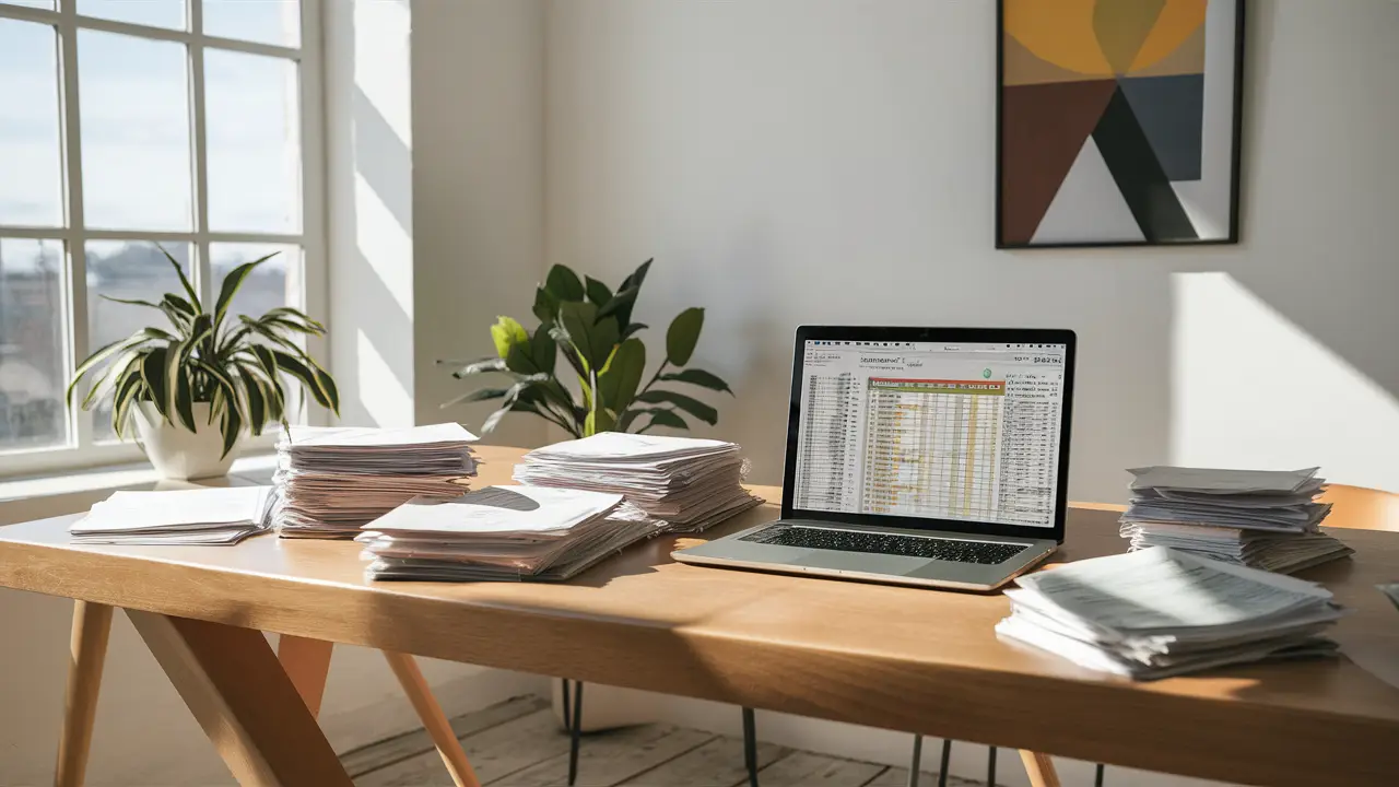 Escritório minimalista com mesa de madeira, laptop exibindo planilha financeira e planta em vaso branco.