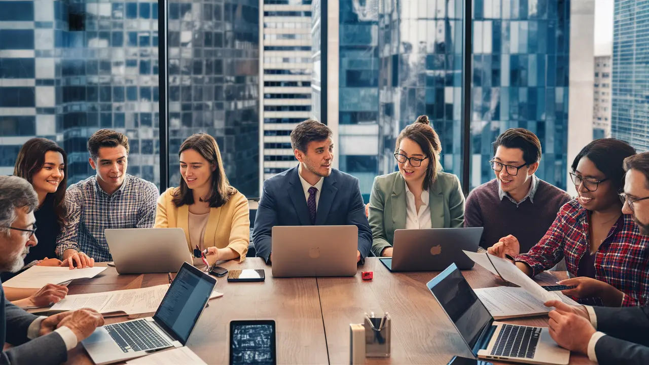 Pessoas em reunião de trabalho em escritório moderno com laptops e documentos, janela grande ao fundo mostrando cidade.